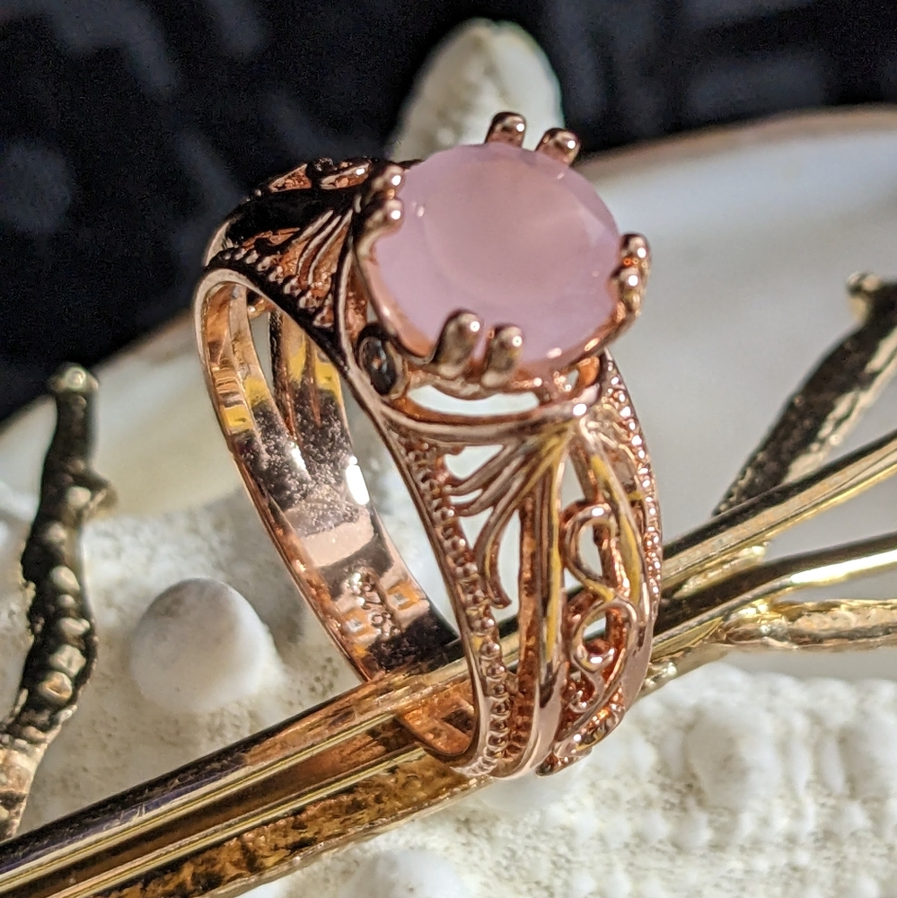Natural Pink Jade in Rose Gold Finish Over Sterling Filigree Ring